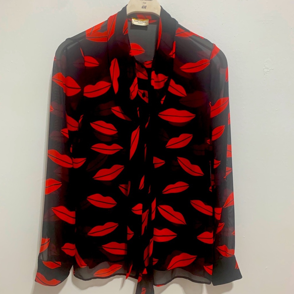 Saint Laurent Red Lip Silk Bow Tie Blouse